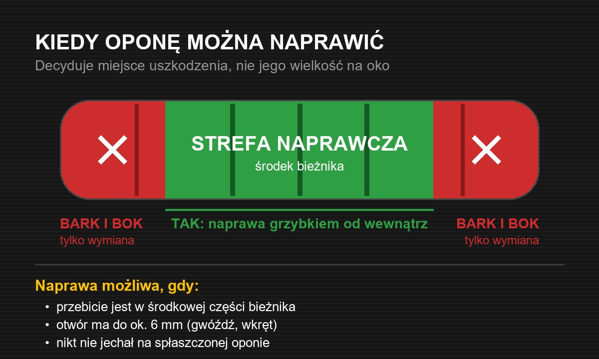 Strefa naprawcza opony: środek bieżnika można naprawić, bark i bok opony tylko wymienić